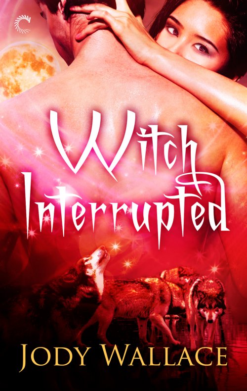 the cover of witch interrupted by jody wallace which is a lot of red colors and a lady gazing at the camera over the shoulder of a shirtless dude