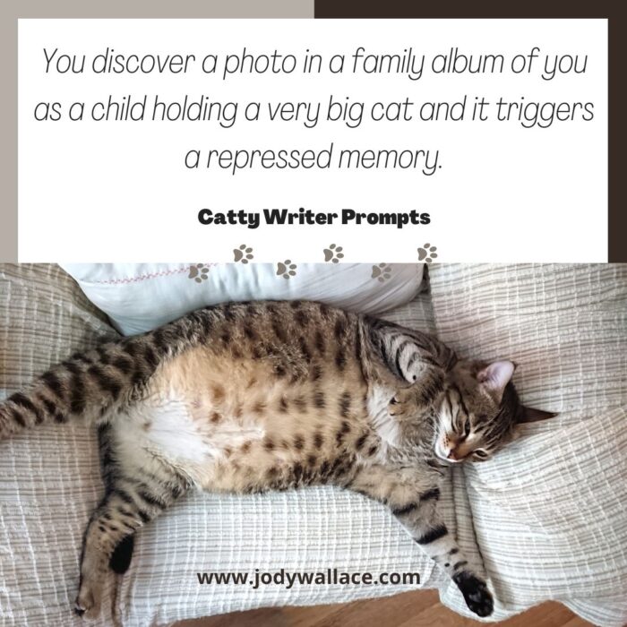 a big brown tabby laying on his back and the prompt is You discover a photo in a family album of you as a child holding a very big cat and it triggers a repressed memory.