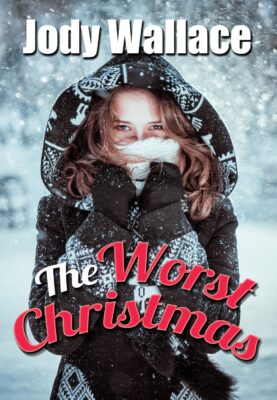 the cover for the worst christmas - it is a caucasian teenage girl in the snow in a warm parka with mittens and the lower half of her face covered with a scarf