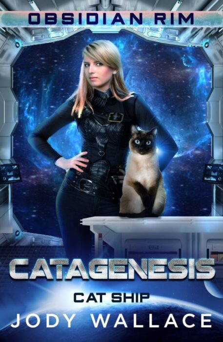 Cover of Catagenesis by Jody Wallace is a blond Caucasian lady in black clothes and a no nonsense attitude and a siamese cat, both on a a space ship