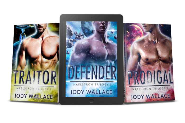 Three book covers of manchesty man for Traitor, Defender, and Prodigal. These are new science fiction romance covers